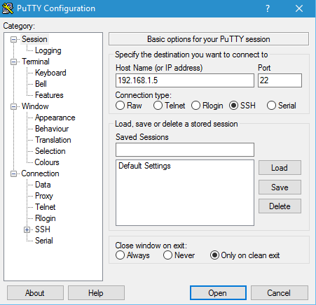 Putty Configuration window